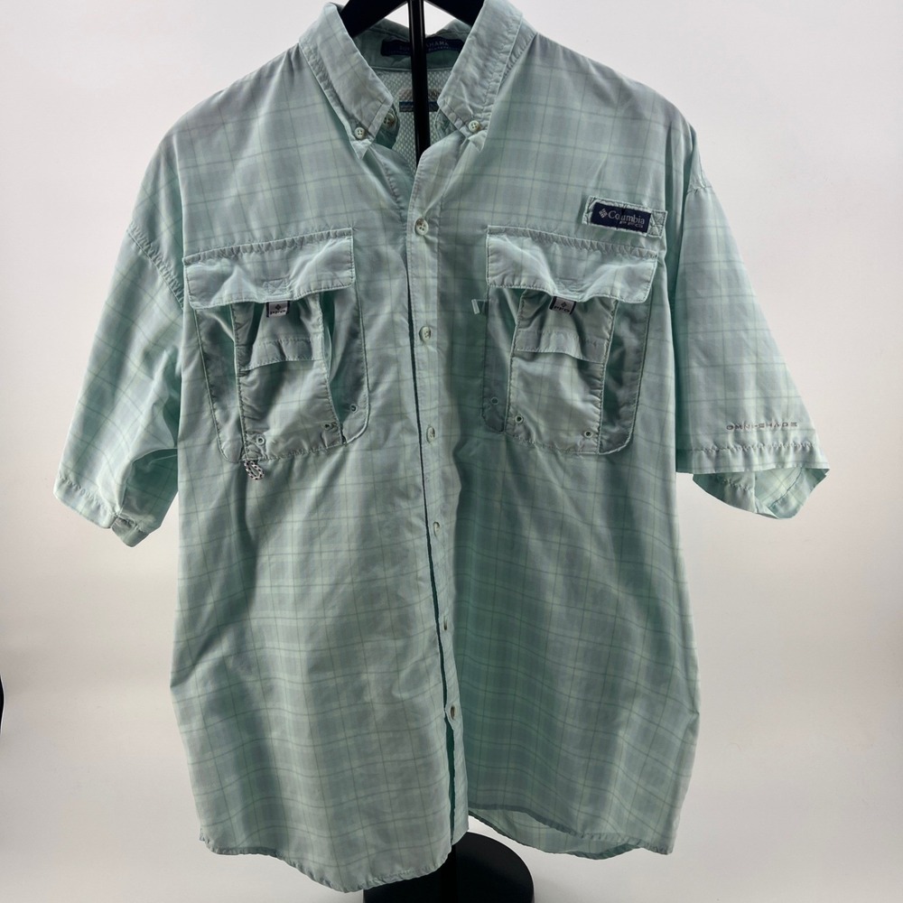 Columbia Super Bahama‎ Plaid Short Sleeve Fishing Shirt Men's M Light Blue